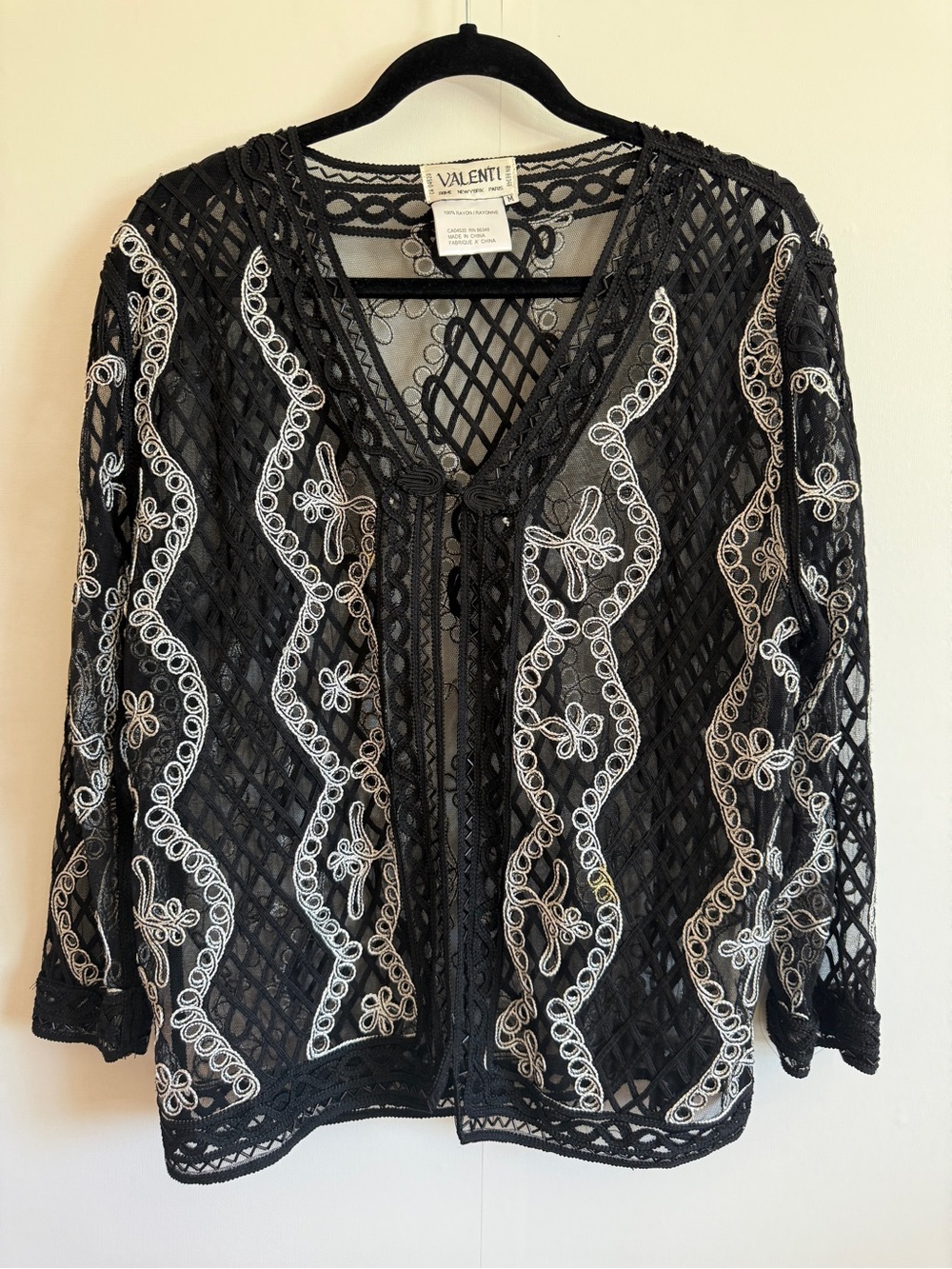 Valenti Black Mesh Embroidered Open Front Jacket Boho Festival Medium